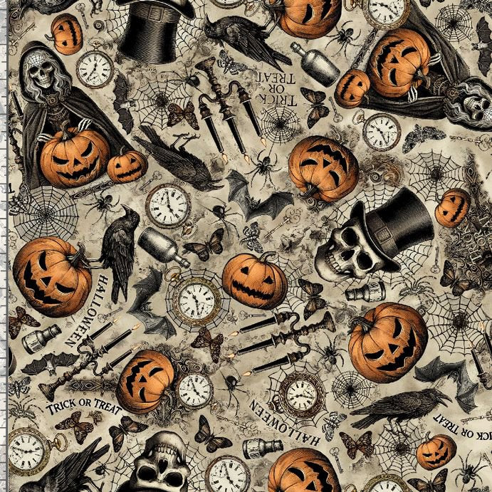 Wicked Willow Halloween Icons Taupe Gray Beige Timeless Treasures Cotton Fabric TT-WICKED-CD4138-TAUPE