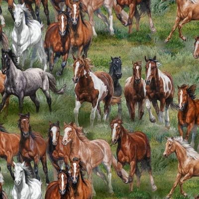 Wild & Free Horses Scenic Green Kim Penner Elizabeth's Studio Cotton Fabric