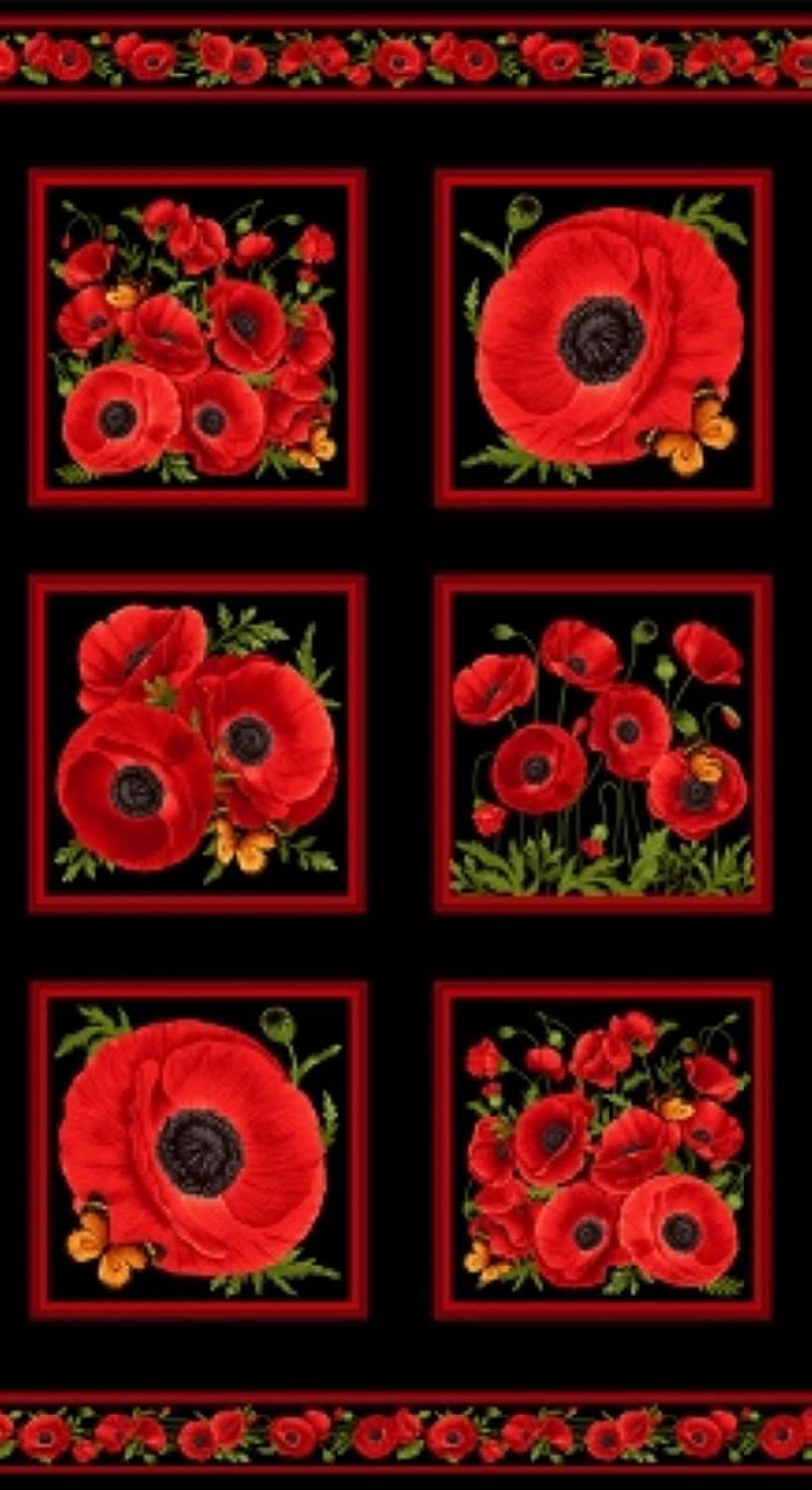 Wild Poppy Squares Panel 24" Black Timeless Treasures Cotton Fabric