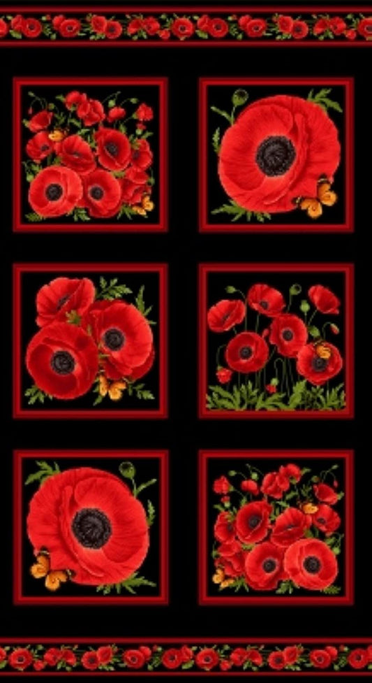 Wild Poppy Squares Panel 24" Black Timeless Treasures Cotton Fabric
