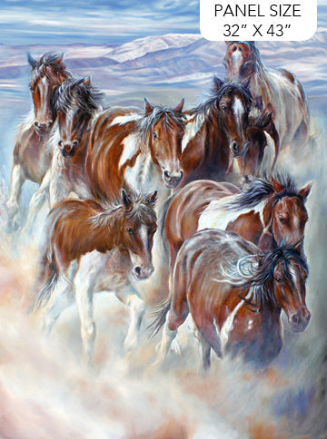 Wild and Free Horse Panel 32" Blue Multi Rick Unger Northcott Cotton Fabric NC-DP27600-42