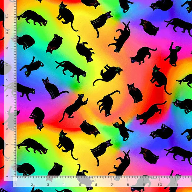Wildcat Black Cats Rainbow Chong-A Hwang Timeless Treasures Cotton Fabric TT-CD3033-RAINBOW