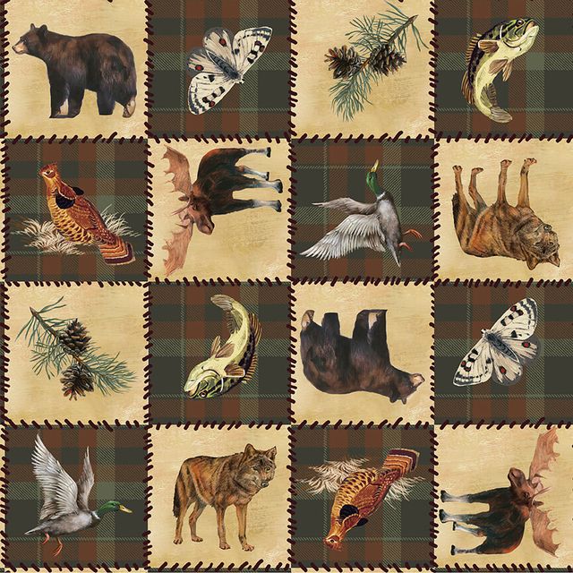 Wilderness Trail Animal Patch Brown Fish Bear Fox Moose Deer Goose Ed Wargo Blank Quilting Cotton Fabric