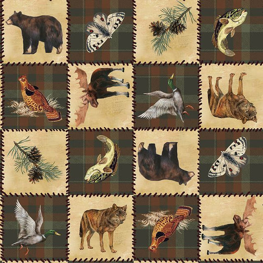 Wilderness Trail Animal Patch Brown Fish Bear Fox Moose Deer Goose Ed Wargo Blank Quilting Cotton Fabric