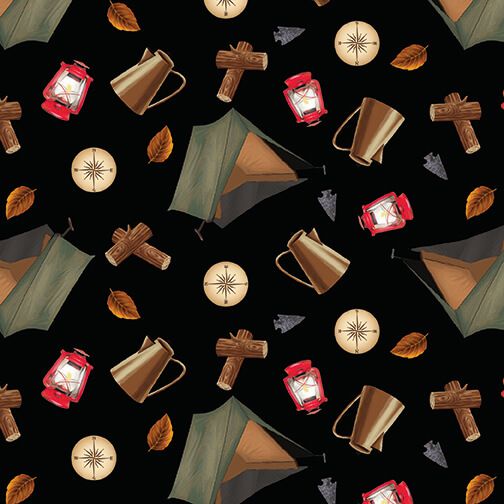 Wilderness Trail Tossed Camping Gear Black Ed Wargo Blank Quilting Cotton Fabric