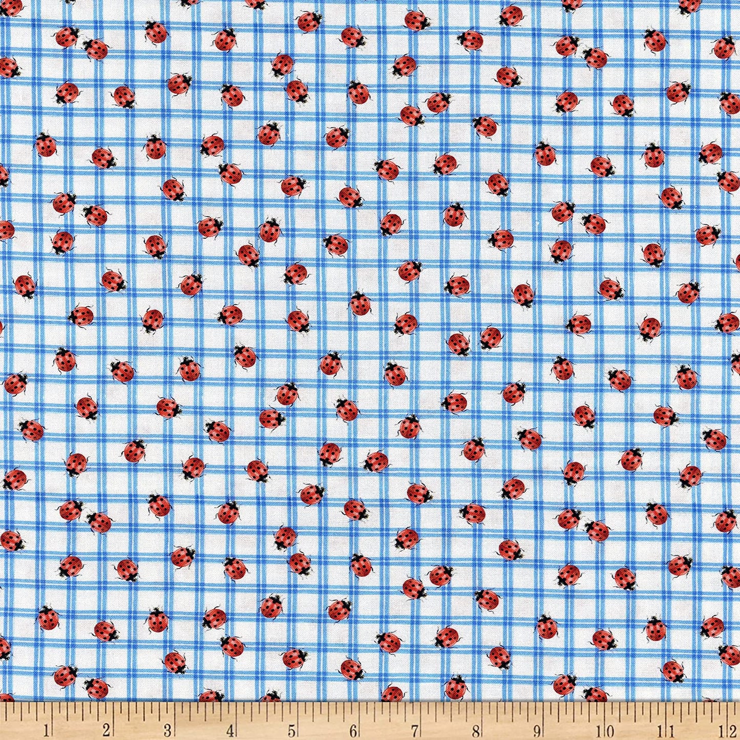 Wildflower Farm Ladybug Check Blue Larry Zach Quilting Treasures Cotton Fabric