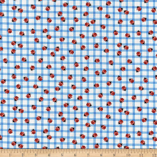 Wildflower Farm Ladybug Check Blue Larry Zach Quilting Treasures Cotton Fabric