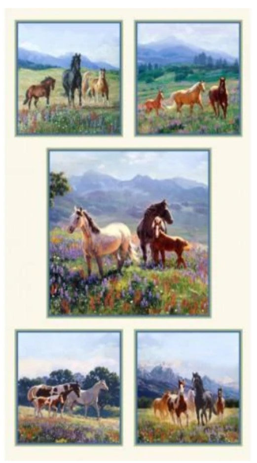 Wildflower Trails Horses Running Panel 24" Cream Elizabeth's Studio Cotton Fabric