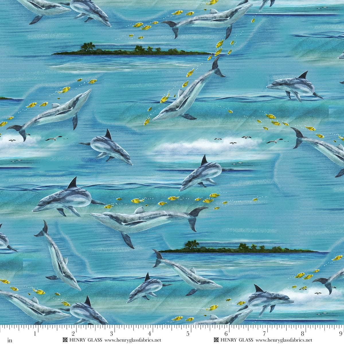 Window to Paradise Dolphins Bay Blue Lisa Sparling Henry Glass Cotton Fabric HG-2332-17