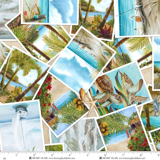 Window to Paradise Postcard Tossed Sand Beige Lisa Sparling Henry Glass Cotton Fabric HG-2325-31