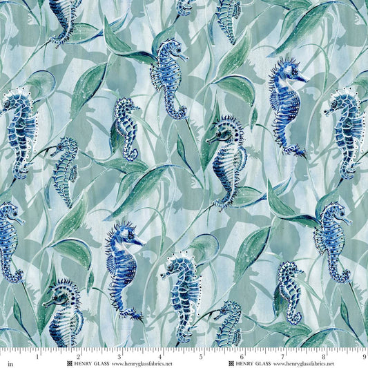 Window to Paradise Seahorses Bay Blue Lisa Sparling Henry Glass Cotton Fabric HG-2330-11