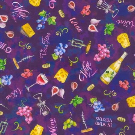 Wine Club Tossed Wine Motif Grape Purple Elena Vladykina Robert Kaufman Cotton Fabric