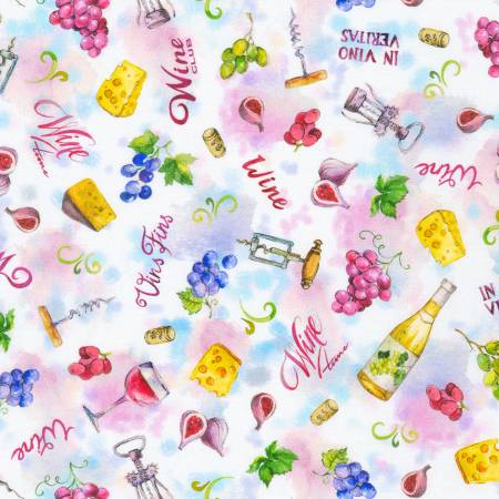 Wine Club Tossed Wine Motifs Blanc Multi Elena Vladykina Robert Kaufman Cotton Fabric