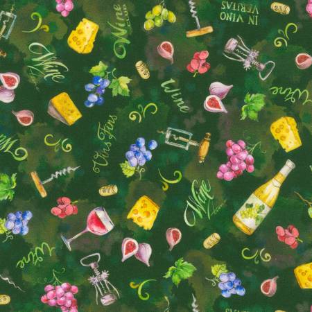 Wine Club Wine Tossed Motif Leaf Green Elena Vladykina Robert Kaufman Cotton Fabric