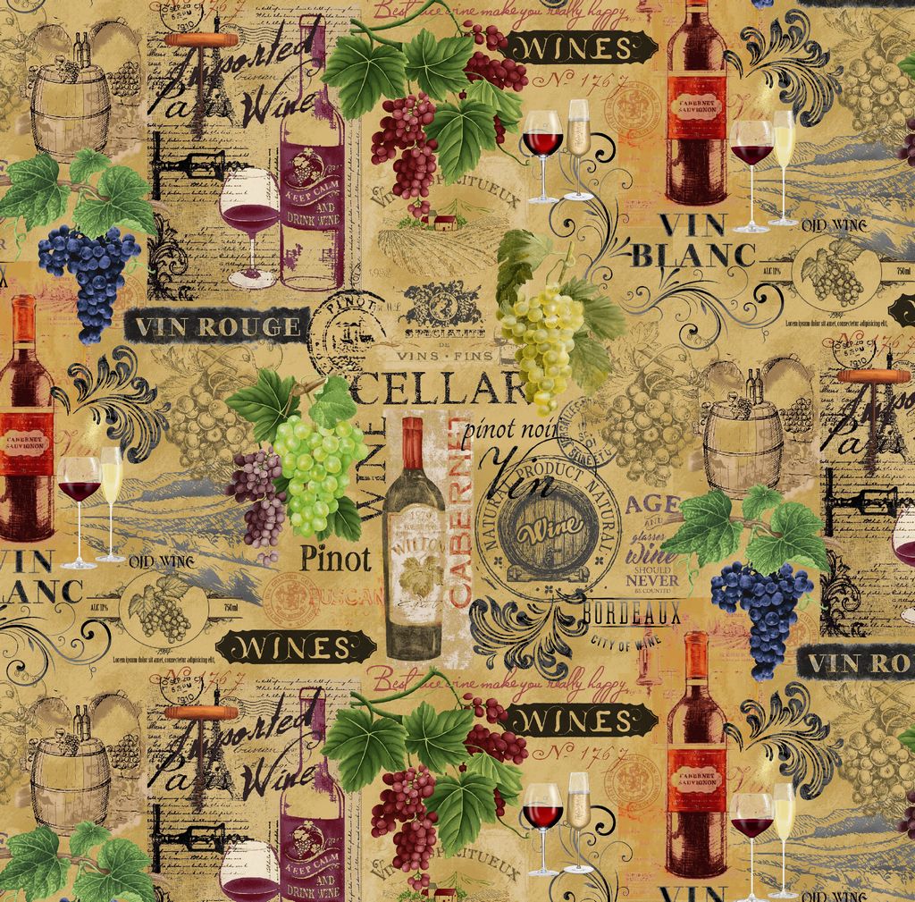 Wine Tasting Vintage Wine Grape Text Beige Timeless Treasures Cotton Fabric