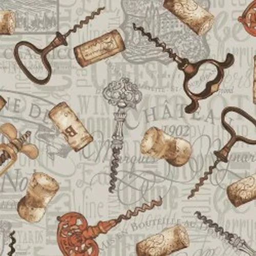 Wine Night Tossed Cork Screw Grey Mary Beth Baker Henry Glass Cotton Fabric