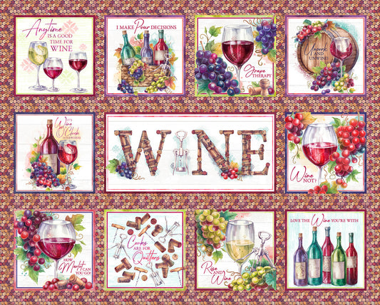 Wine O' Clock Panel 36" Courtney Morgenstern 3 Wishes Cotton Fabric 3W-24582-PNL