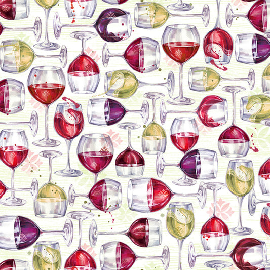 Wine O' Clock Toast and Twirl Glasses White Courtney Morgenstern 3 Wishes Cotton Fabric 3W-24580-WHT