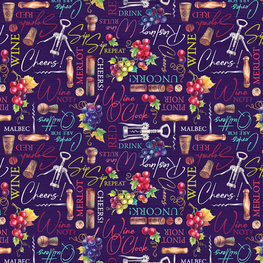 Wine O' Clock Wine Loves United Purple Text Courtney Morgenstern 3 Wishes Cotton Fabric 3W-24581-PUR