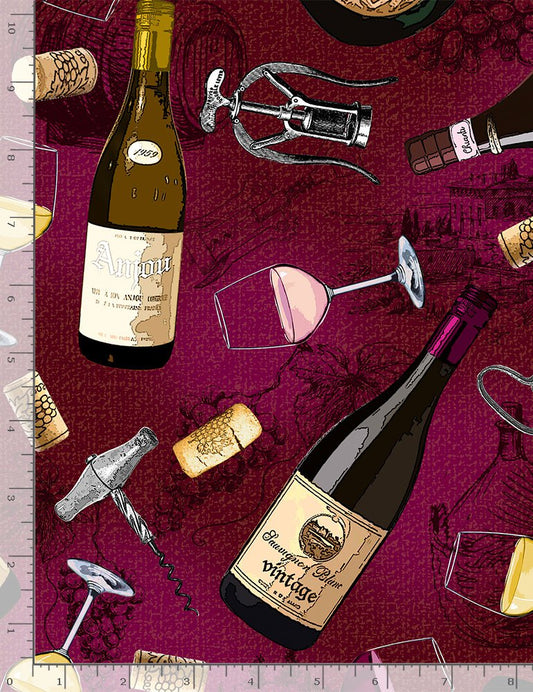 Wine Tossed Wine Bottles Burgundy Timeless Treasures Cotton Fabric