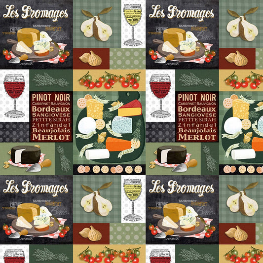 Wine and Cheese Patchwork Charcuterie and Cheese Sykel Cotton Fabric