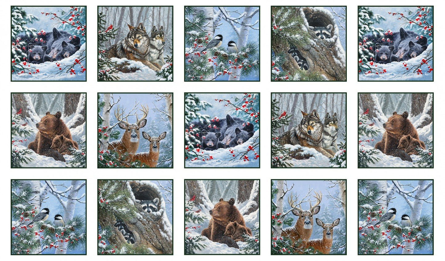 Winter Companions Animal Block Panel 24" Snow White Abraham Hunter Elizabeth's Studio