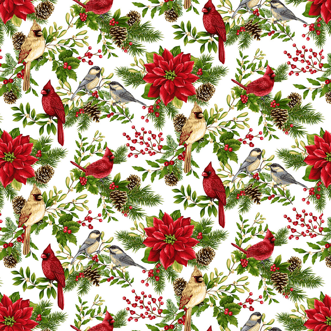 Winter Garden Birds Branches Red Cardinal Poinsettia Mistletoe Cream Color Principle Henry Glass Cotton Fabric