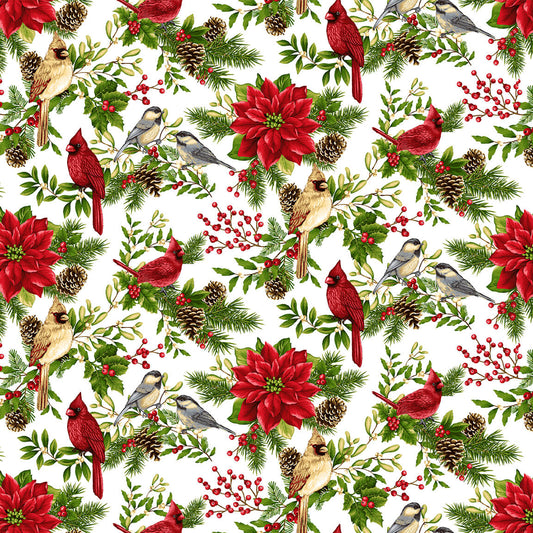 Winter Garden Birds Branches Red Cardinal Poinsettia Mistletoe Cream Color Principle Henry Glass Cotton Fabric