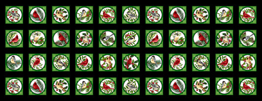 Winter Garden Panel 24" Cardinal Birds Mistletoe 3x3 stamps Black Color Principle Henry Glass Cotton Fabric