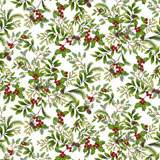 Winter Garden Holly and Mistletoe Cream Color Principle Henry Glass Cotton Fabric