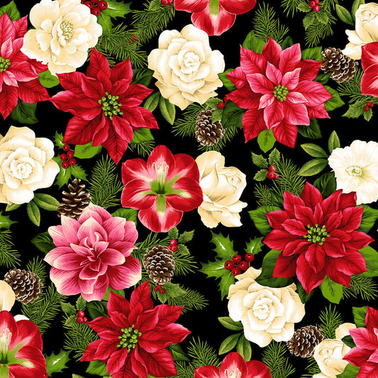 Winter Garden Large Flower Allover Black Color Principle Henry Glass Cotton Fabric