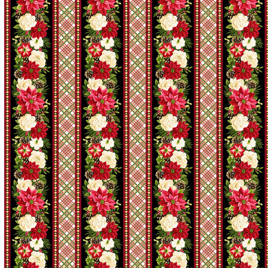Winter Garden Border Stripe Plaid Poinsettia Mistletoe Flowers Black Color Principle Henry Glass Cotton Fabric