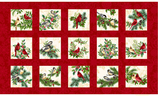 Winter Garden Red Cardinal Mistletoe Block Panel 24" Color Principle Henry Glass Cotton Fabric