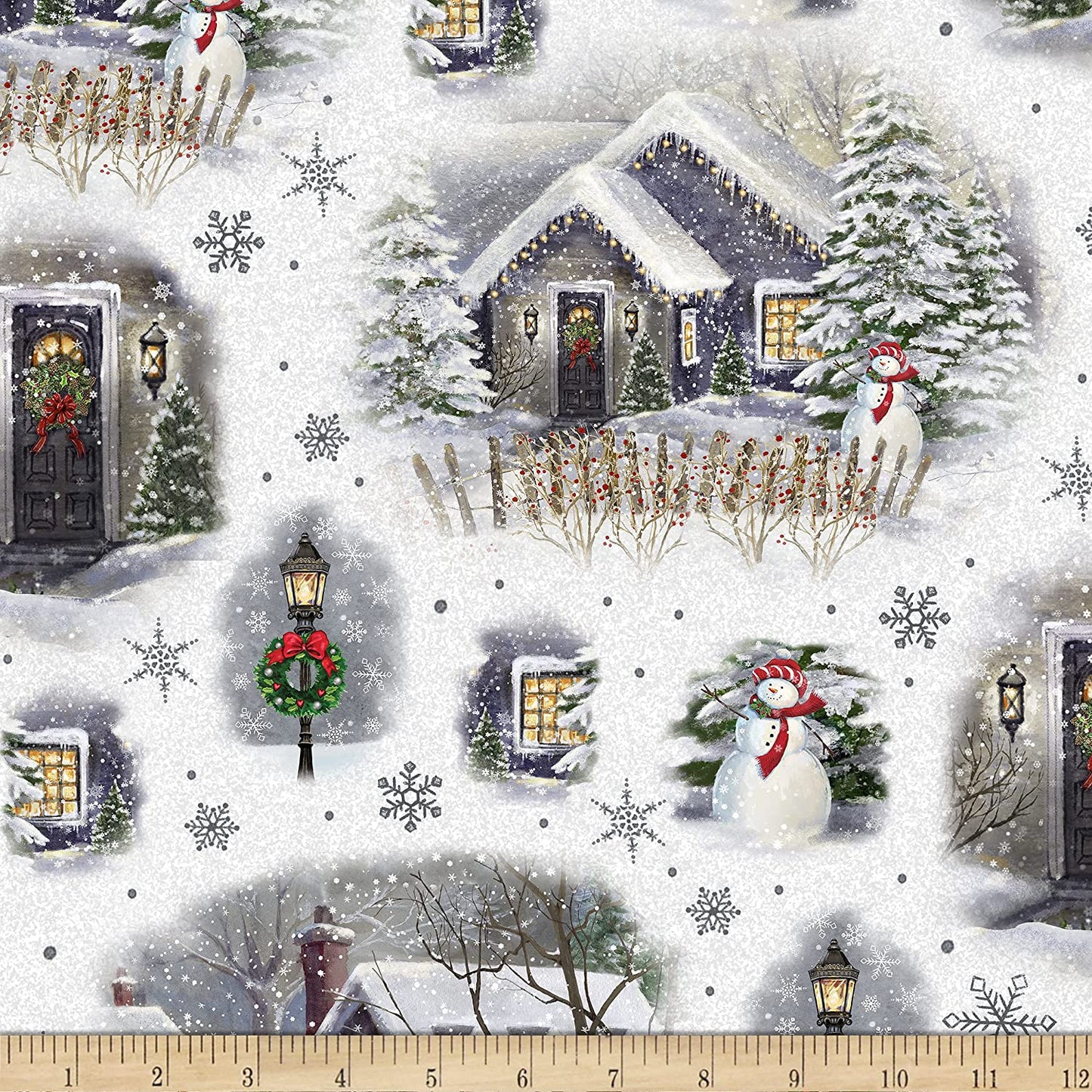 Winter Greetings Christmas Village Vignettes White Gina Jane Lee Quilting Treasures Cotton Fabric