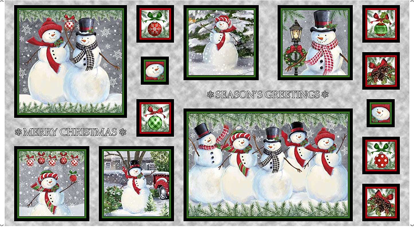 Winter Greetings Snowman Picture Patches Gray Panel 24" Gina Jane Lee Quilting Treasures Cotton Fabric