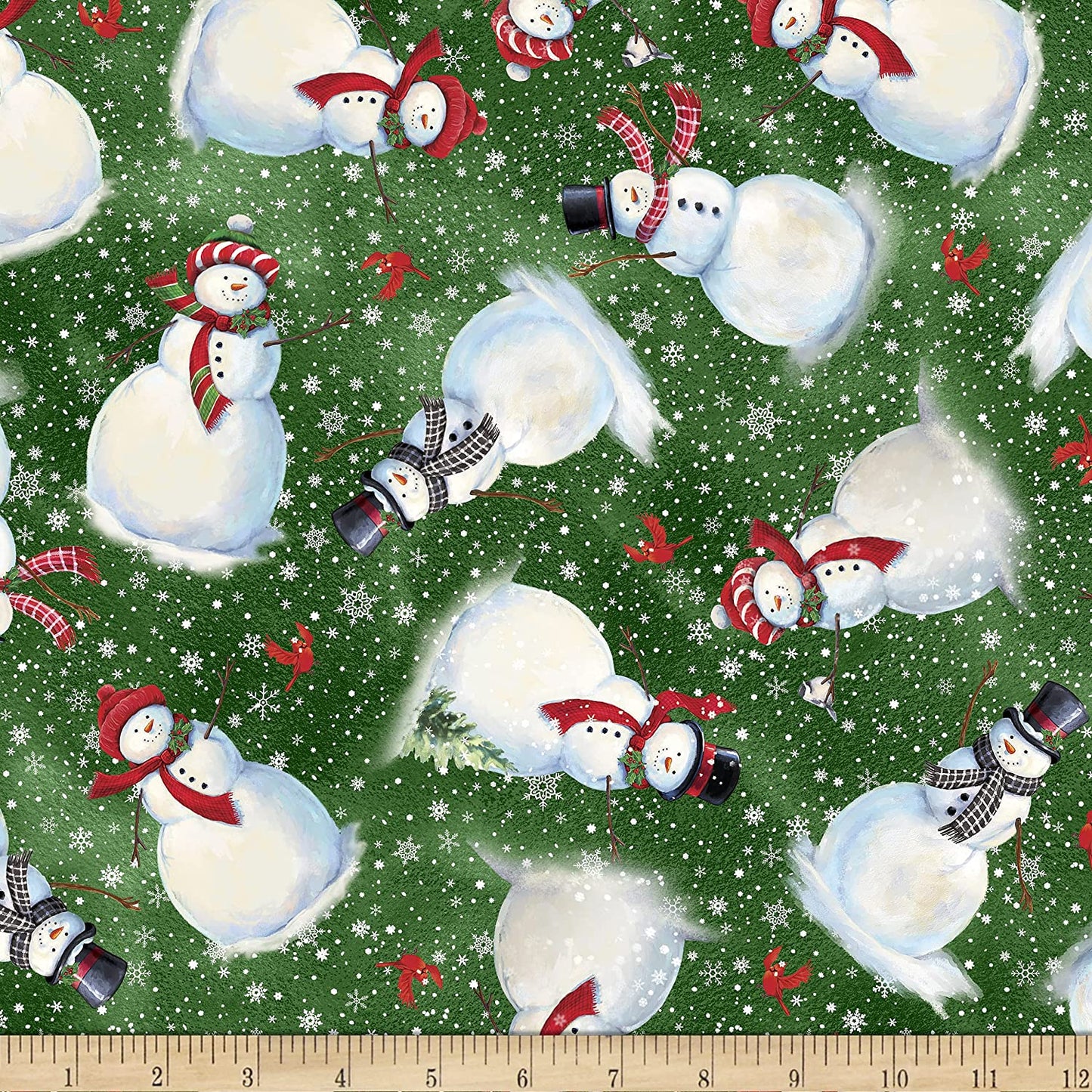 Winter Greetings Snowman Toss Forest Green Gina Jane Lee Quilting Treasures Cotton Fabric