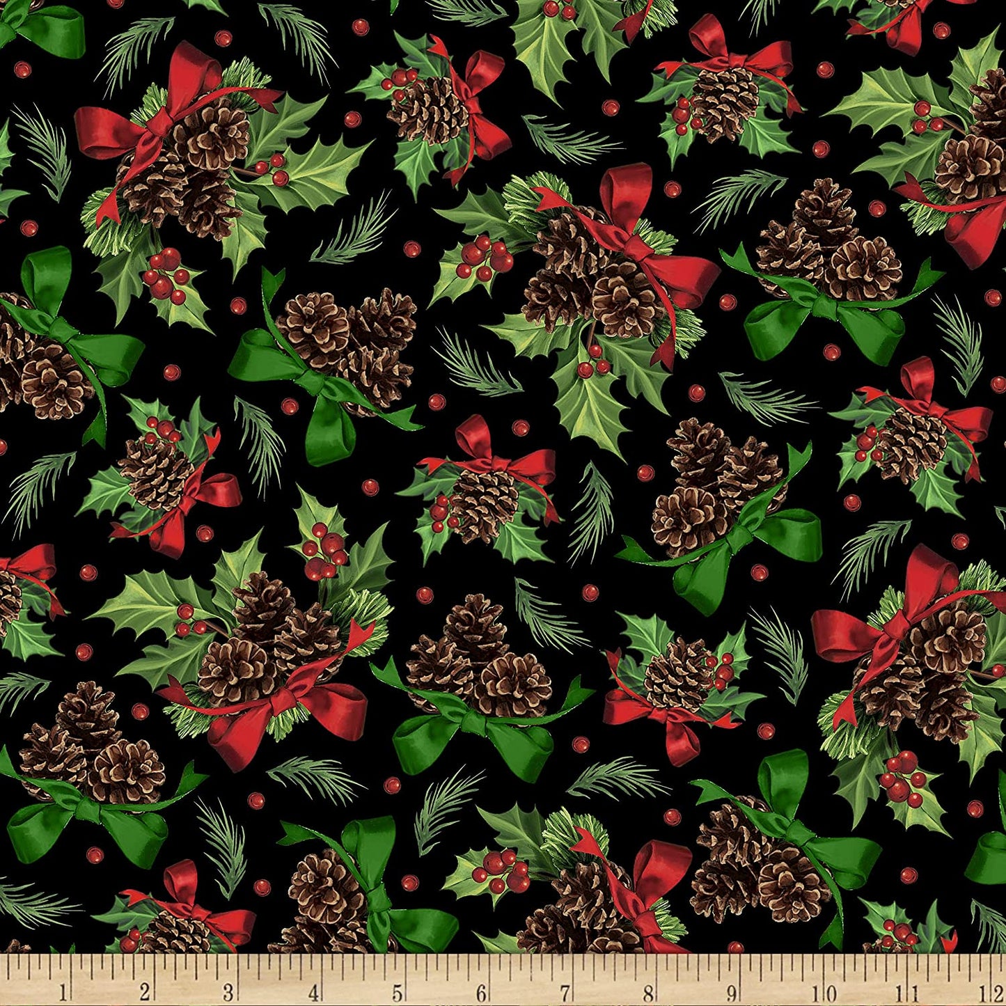 Winter Greetings Holly and Pine Black Gina Jane Lee Quilting Treasures Cotton Fabric