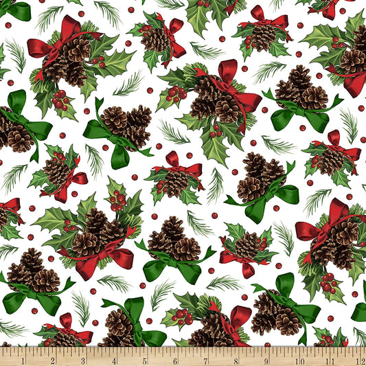 Winter Greetings Holly and Pine White Gina Jane Lee Quilting Treasures Cotton Fabric