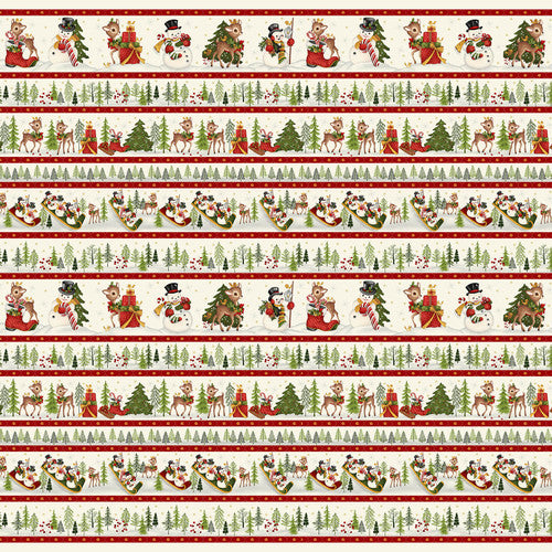 Winter Joy Border Stripe Snowman Deer Sled Tree Cream Hannah West Henry Glass Cotton Fabric