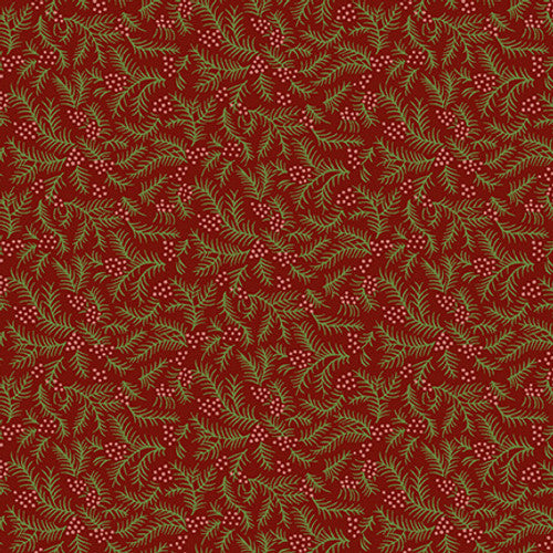 Winter Joy Fir Sprigs Red Hannah West Henry Glass Cotton Fabric