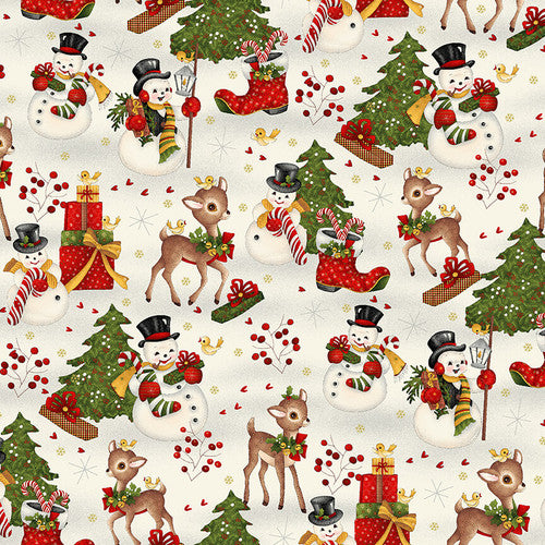 Winter Joy Novelty Allover Snowman Deer Sled Tree Cream Hannah West Henry Glass Cotton Fabric