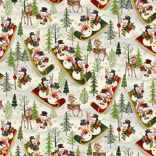 Winter Joy Snowmen's Down Hill Sledding Cream Hannah West Henry Glass Cotton Fabric