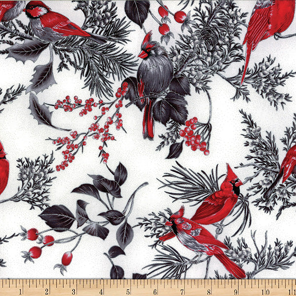 Winter Magic Birds and Floral Fog Silver Metallic Hoffman Cotton Fabric