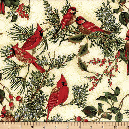 Winter Magic Birds and Floral Natural Gold Metallic Hoffman Cotton Fabric