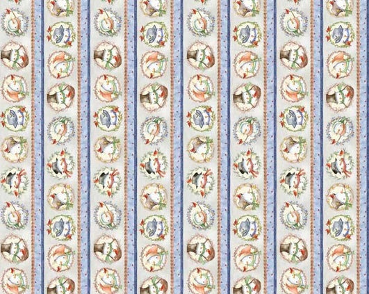 Winter Snowmen Wreaths Stripe Blue Michelle Palmer P&B Textiles Cotton Fabric