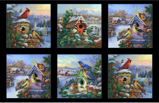 Winter Song Birds Block Panel 24" Black Oleg Gavrilov Elizabeth's Studio Cotton Fabric