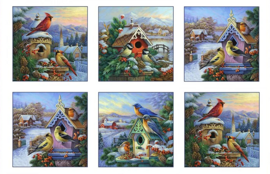 Winter Song Birds Block Panel 24" White Oleg Gavrilov Elizabeth's Studio Cotton Fabric