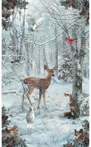 Winter Tales Animals Snow Forest Panel 26" Snow White Hoffman Cotton Fabric