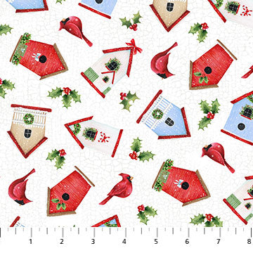 Winter Welcome Birdhouse Cardinal Toss White Northcott Fabrics Cotton Fabric