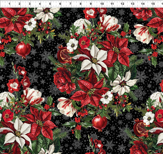 Winter Enchantment Bouquet Poinsettias Black Jason Yenter In The Beginnings Cotton Fabric ITB-2WEN-2